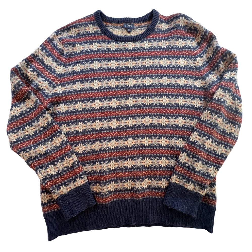 J.Crew Fair Isle Sweater Mens XXL Navy Lambswool Blend Knit Crewneck Pullover